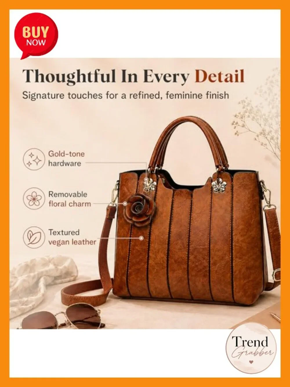 Vegan Leather Top Handle Satchel Purse with Rosette Charm 3-Way Crossbody Bag